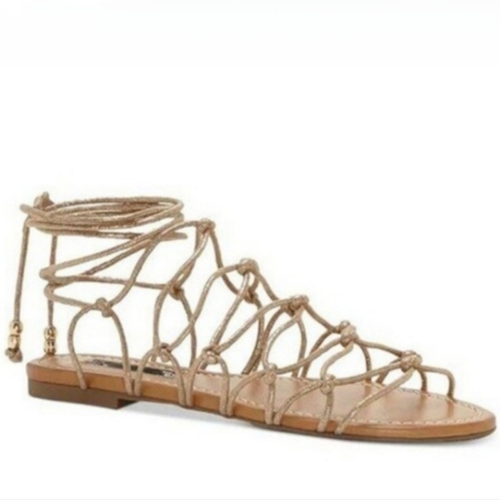 INC International Concepts Gallenaf Open Toe Strappy Lace up Sandals Gold 6